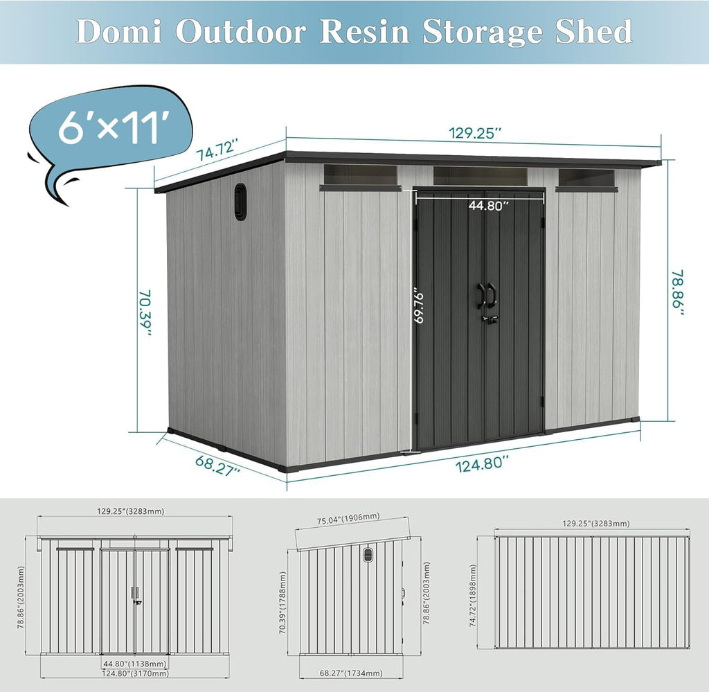 Domi 6x11FT Resin Outdoor Storage Shed with Sloping Roof, Waterproof Outside Sheds with Windows & Vents, Heavy-Duty Plastic Tool Storage Shed for Patio Furniture, Lawn Mower, Bike