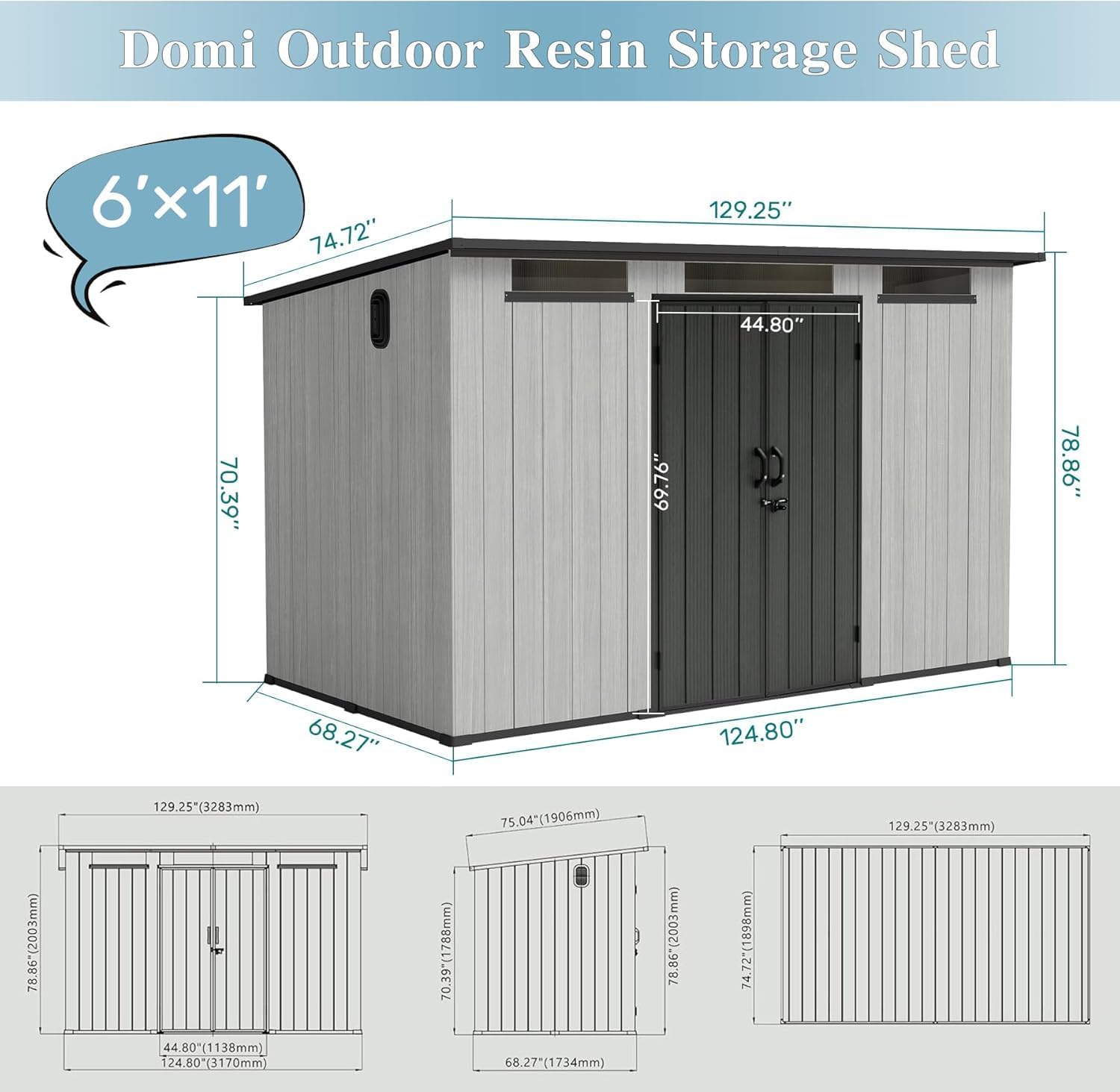 Domi 6x11FT Resin Outdoor Storage Shed with Sloping Roof, Waterproof Outside Sheds with Windows & Vents, Heavy-Duty Plastic Tool Storage Shed for Patio Furniture, Lawn Mower, Bike