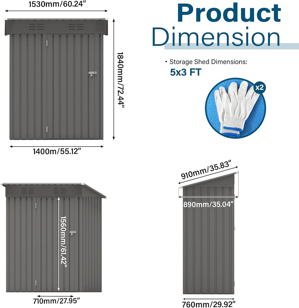 5x3 FT Outdoor Storage Shed, Small Metal Garden Shed with Lockable Hinged Door, Outside Tool Sheds with Sloped Roof & 2 Air Vents, Waterproof Storage Building for Backyard, Patio, Lawn, Gray