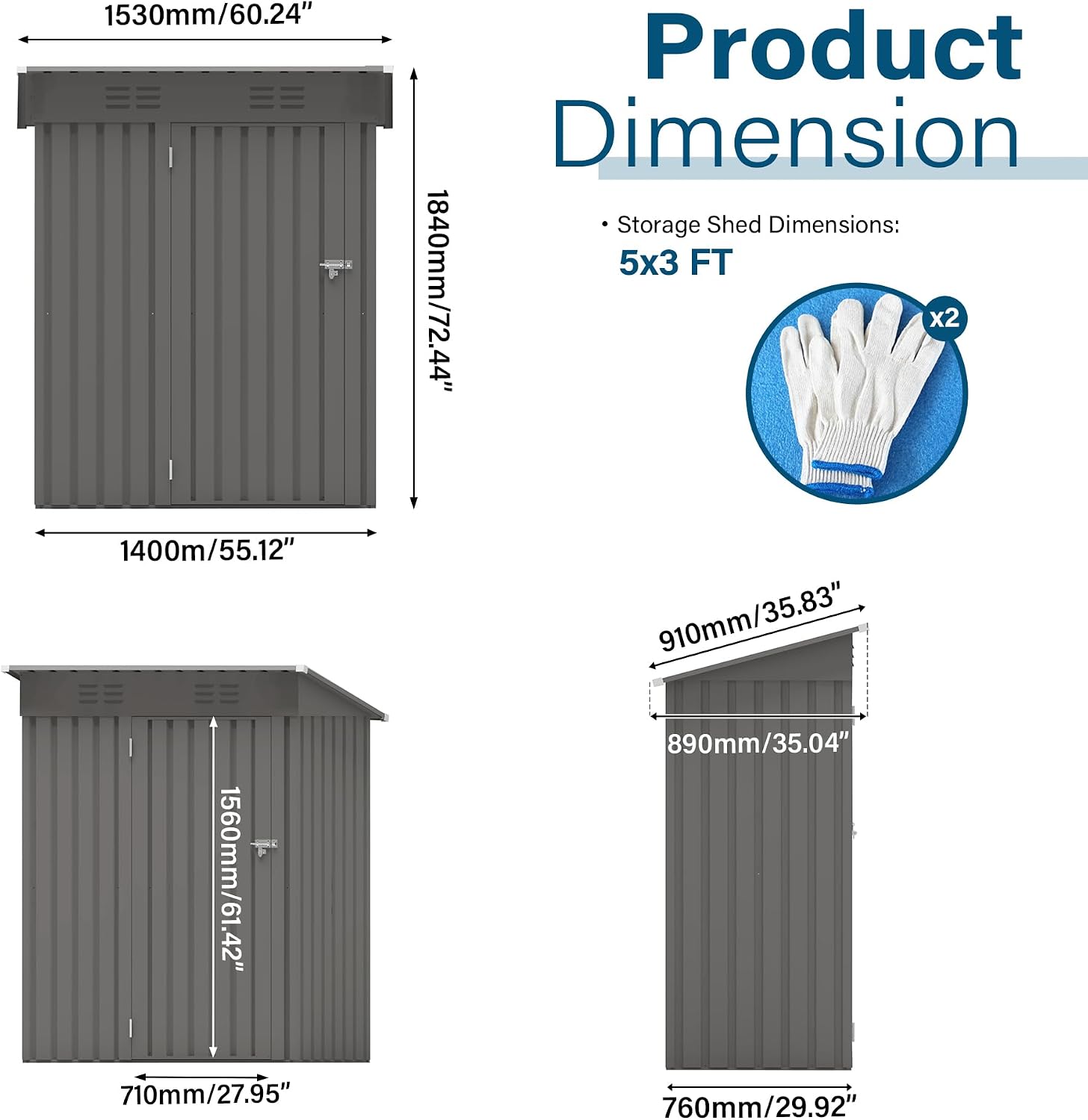 5x3 FT Outdoor Storage Shed, Small Metal Garden Shed with Lockable Hinged Door, Outside Tool Sheds with Sloped Roof & 2 Air Vents, Waterproof Storage Building for Backyard, Patio, Lawn, Gray