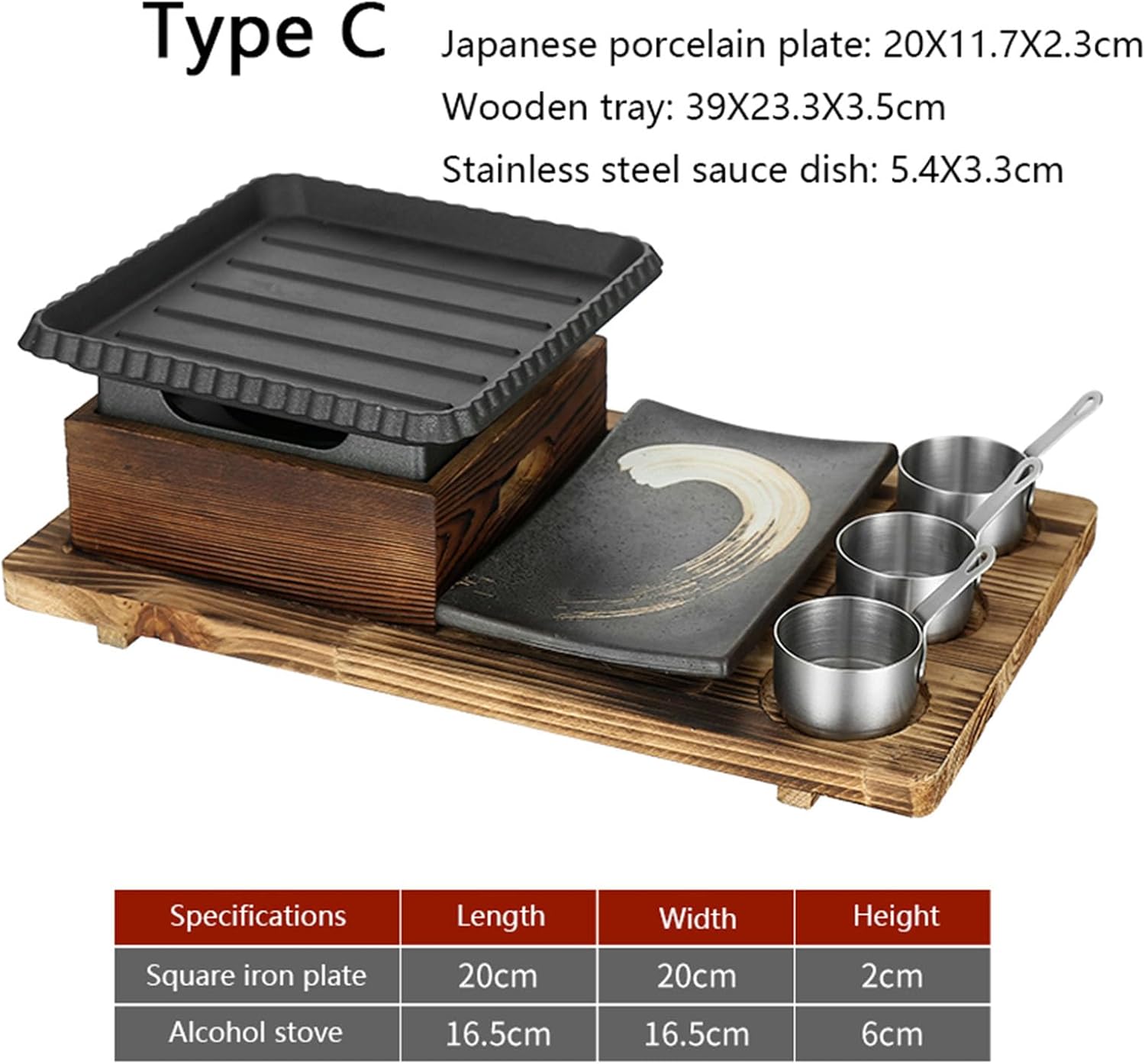 Japanese BBQ Grill Set, Portable Alcohol Barbecue Stove with Non-Stick Baking Pan, Dinner Plate, Seasoning Cups, and Wooden Base for Yakiniku, Yakitori,C