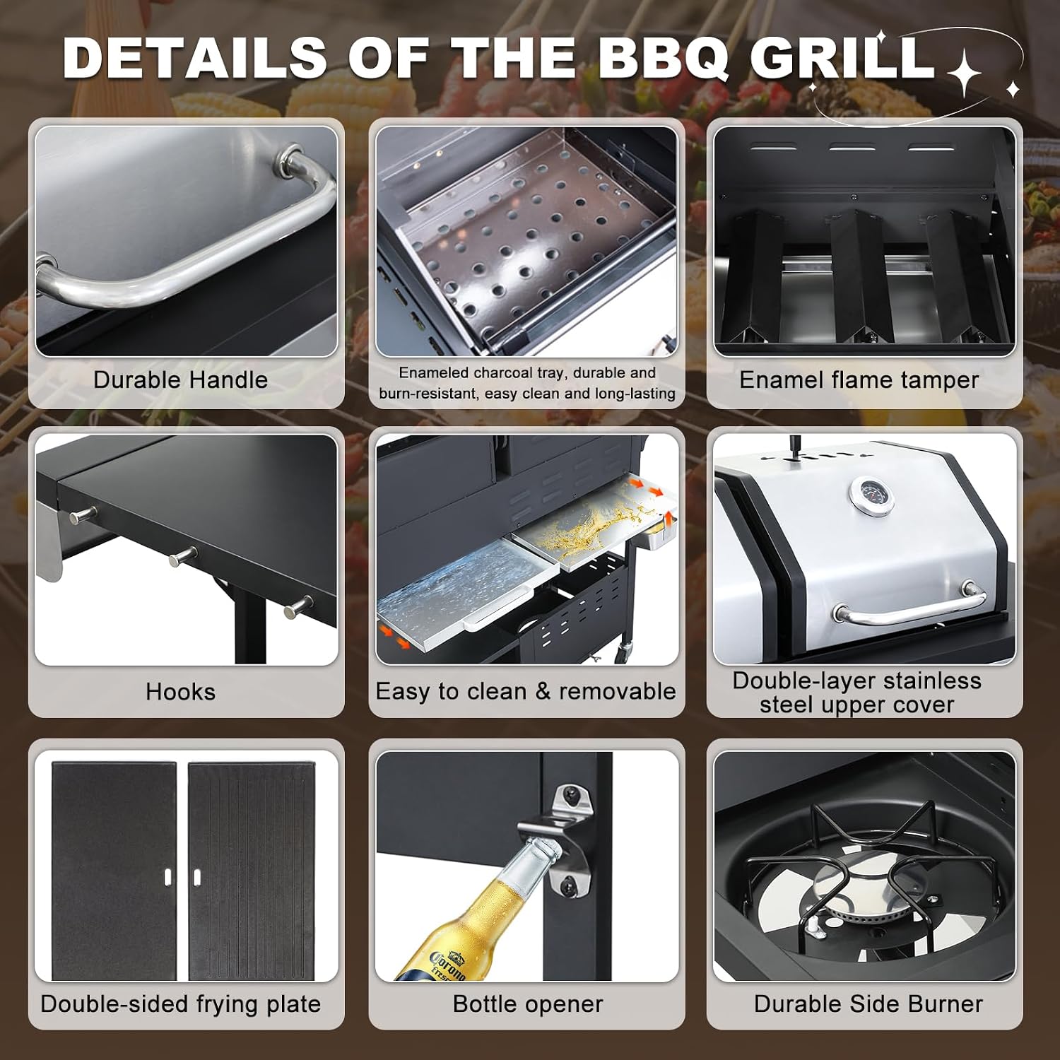 Gas and Charcoal Combo Grill with Side Burner, 37,230 BTU Outdoor BBQ Grill with Porcelain-Enameled Cast Iron Grates and Griddle Plate, Thermometer, Storage Cabinet Rack for Patio, Garden, Backyard