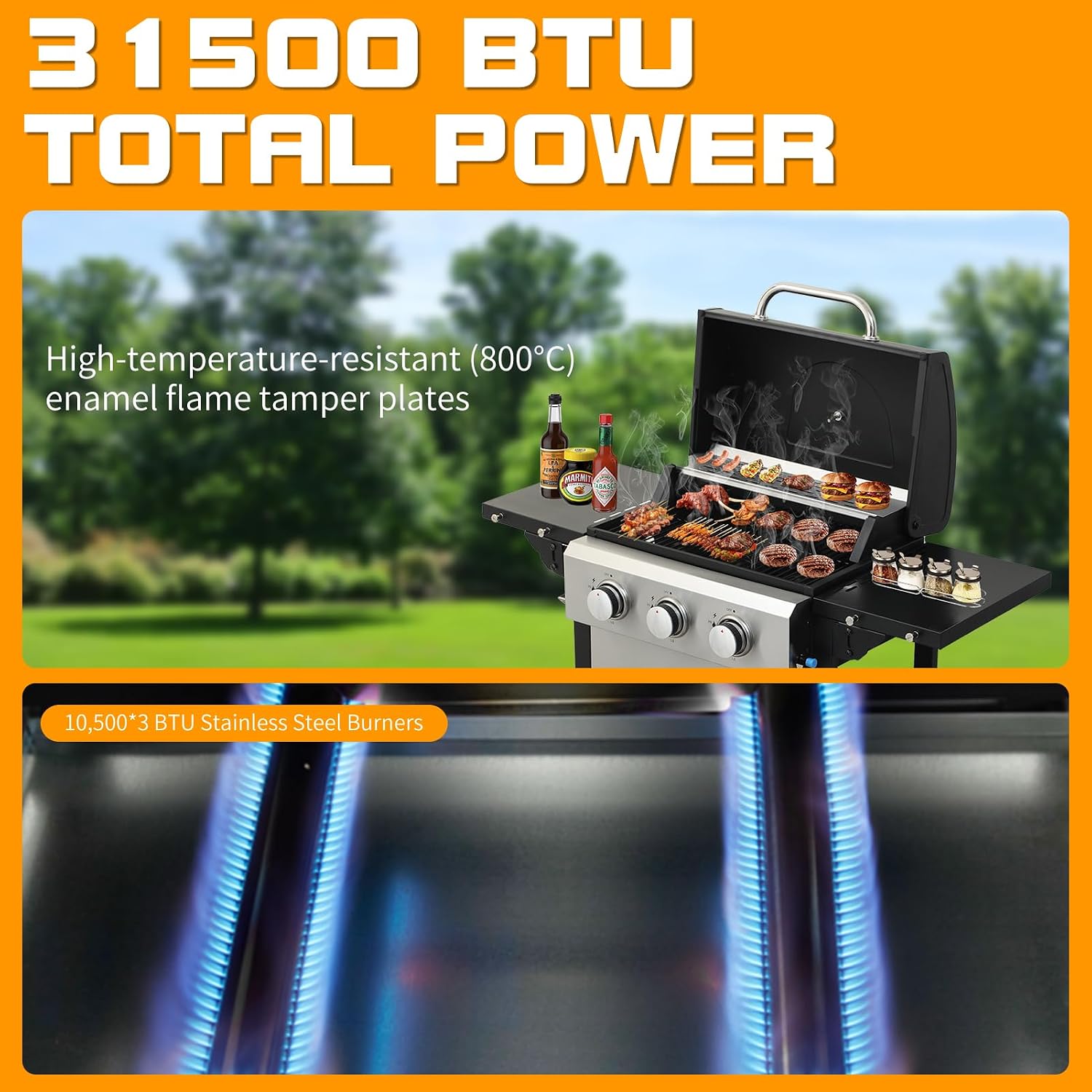 CIG GARDEN 3-Burner Propane Gas Grill,Outdoor Barbecue Grill with Side Tables and Wire Enamel Cooking Grids,31,500 BTU Output Stainless Steel Grill for Patio Garden Camping Backyard BBQ