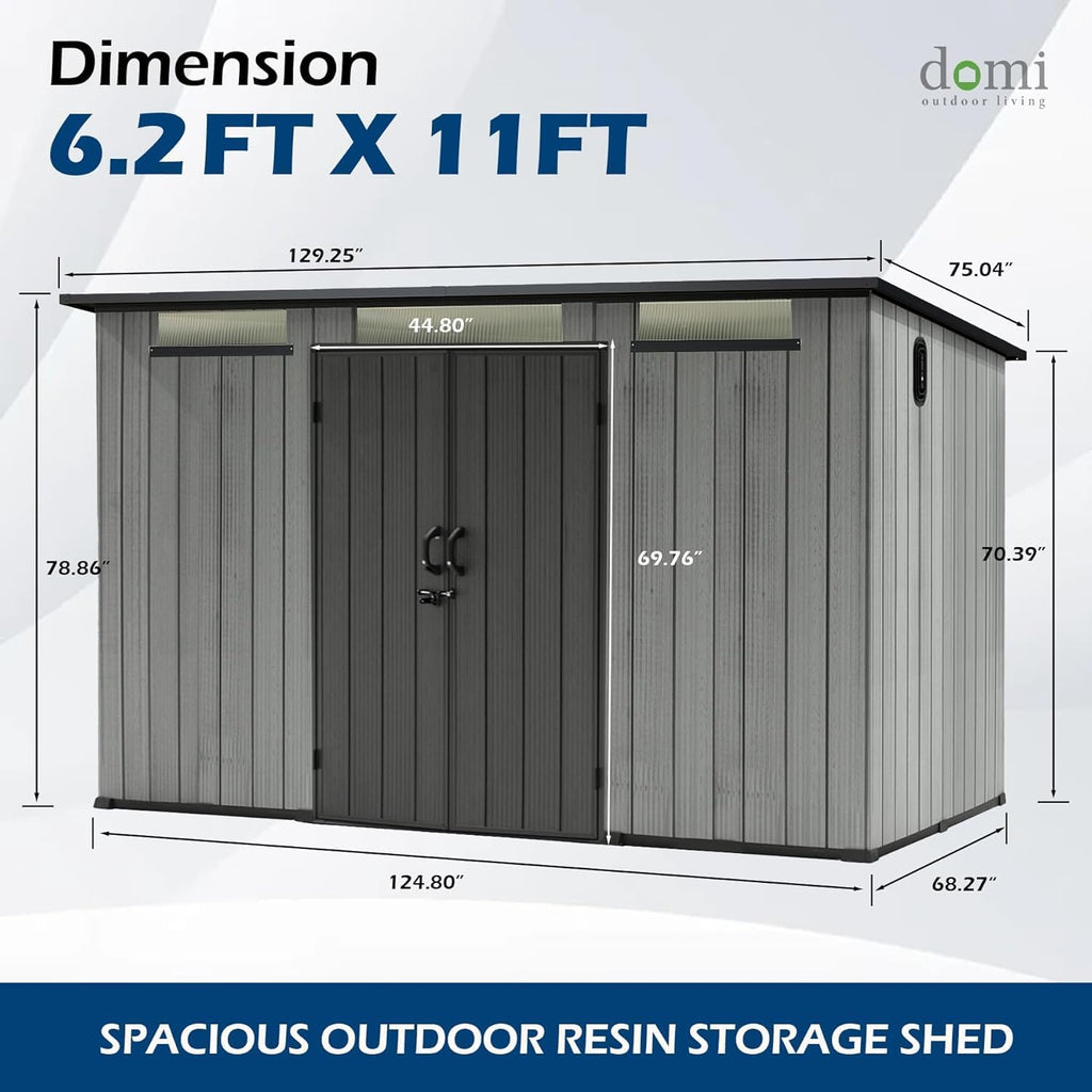 Domi 6x11FT Lean to Resin Shed, Plastic Outdoor Storage Shed with Carpet, Outside Storage Building for Garden Tools, Bike, Lawn Mower, Yard