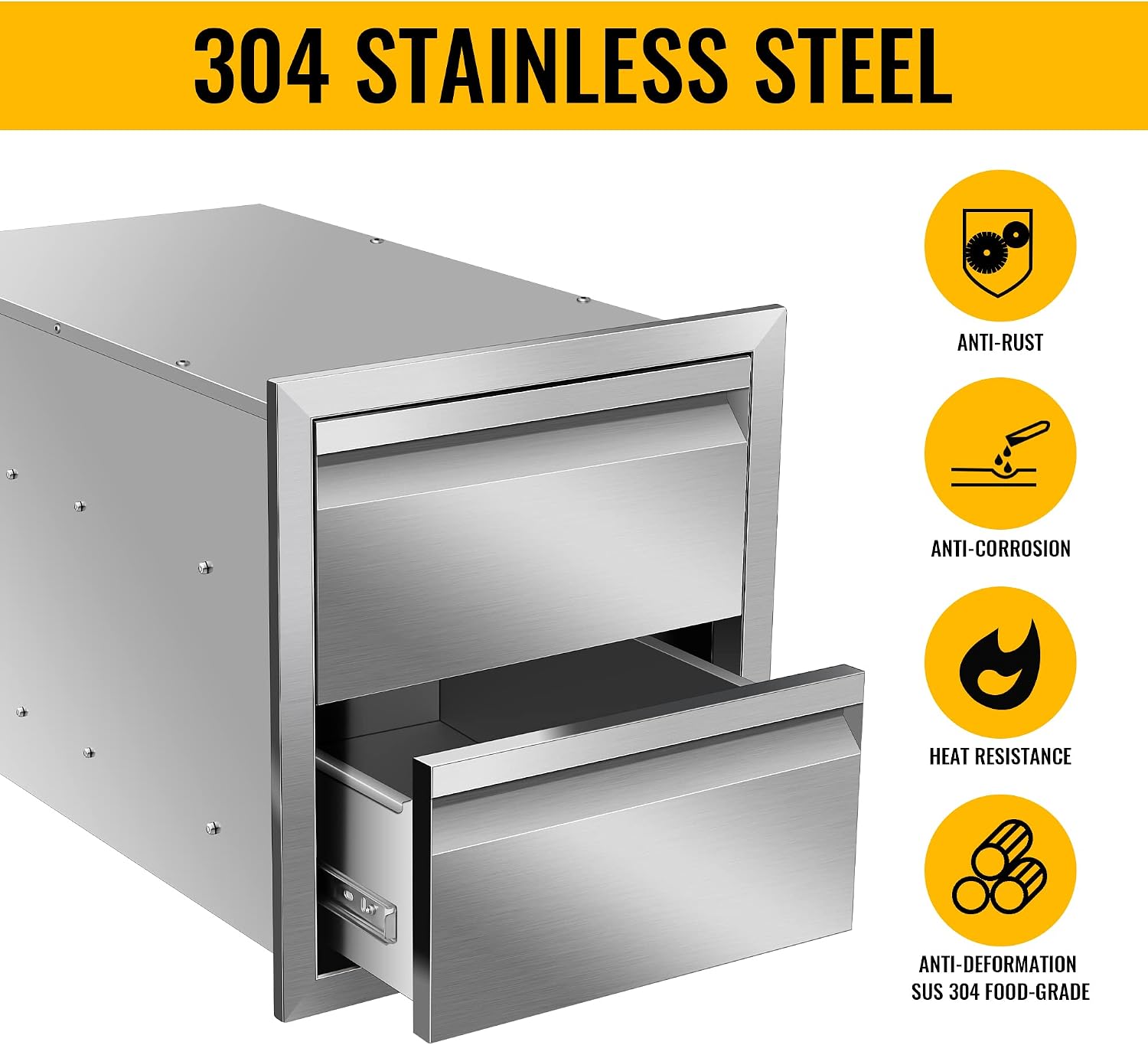 Outdoor Kitchen Drawers, 14W x 15H x 23D Stainless Steel Flush Mount BBQ Double Drawers for Outdoor Kitchen Island, or Patio Grill Station