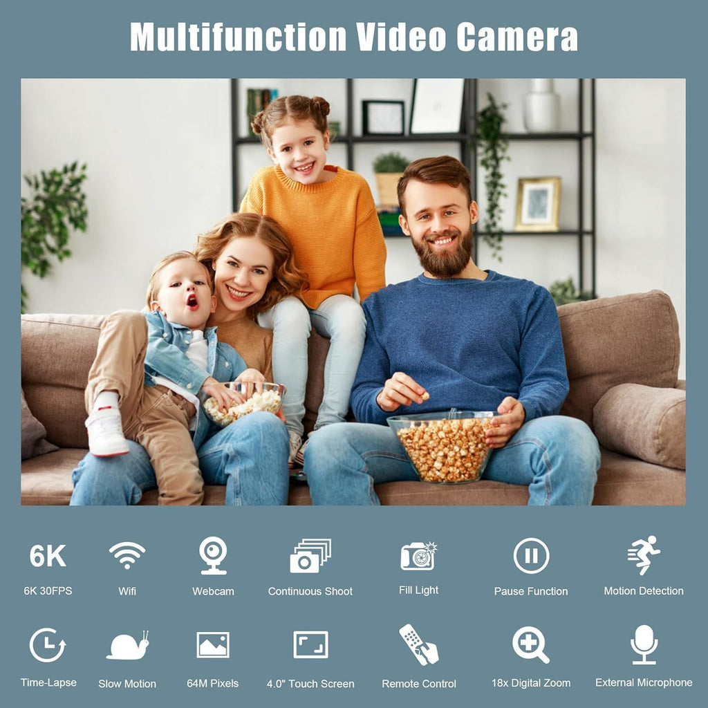 Camcorder Video Camera 6K 64MP IR Night Vision Vlogging Camera for YouTube 18X Digital Zoom 4.0 Inch Touch Screen Video Camera with WiFi, Microphone, Remote Control, 64GB SD Card,Stabilizer