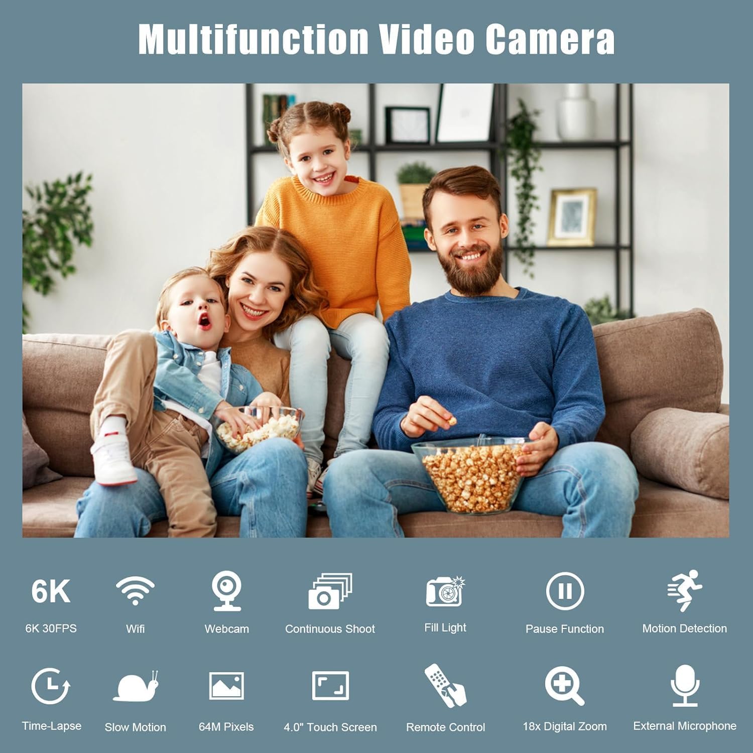Camcorder Video Camera 6K 64MP IR Night Vision Vlogging Camera for YouTube 18X Digital Zoom 4.0 Inch Touch Screen Video Camera with WiFi, Microphone, Remote Control, 64GB SD Card,Stabilizer
