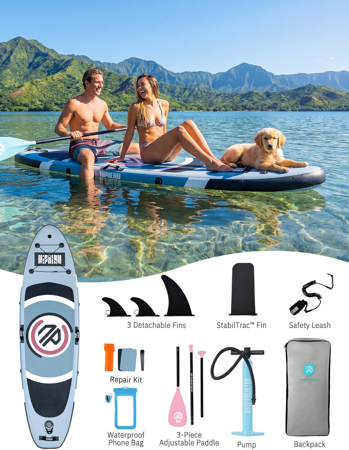 Niphean（Ultra-Light） Inflatable Paddle Board with StabilTrac Fin and Durable SUP Accessories, 10' Stand Up Paddle Boards for Adults & Youth, Versatile Yoga Paddle Board, Gift Ideas