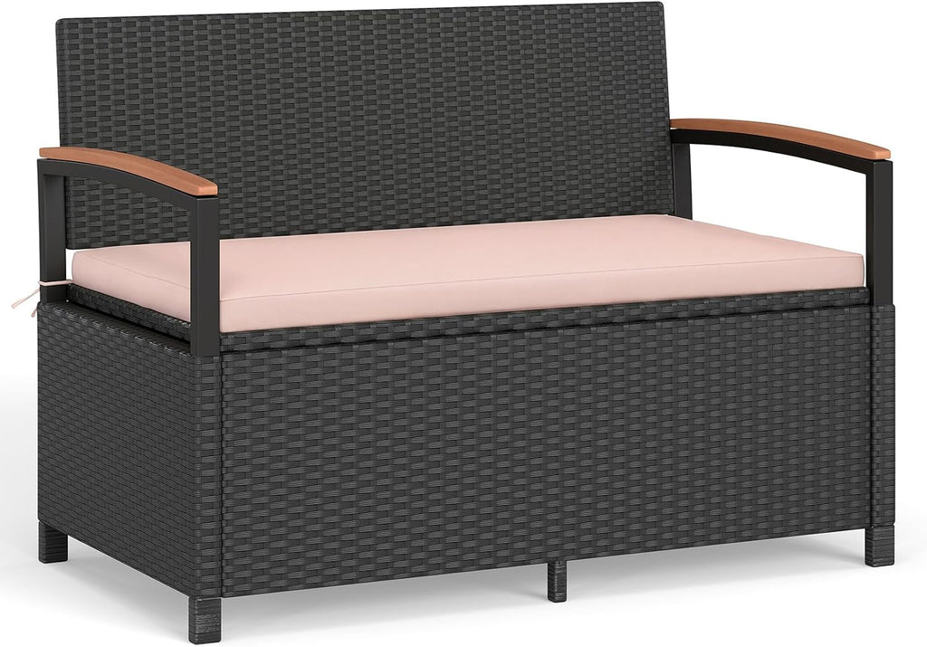 Tangkula 46 Gallon Outdoor Bench with Storage, Outdoor PE Rattan Storage Bench with Cushion, Backrest & Acacia Wood Armrests, Metal Frame, Waterproof Deck Box Seat for Porch Backyard Poolside