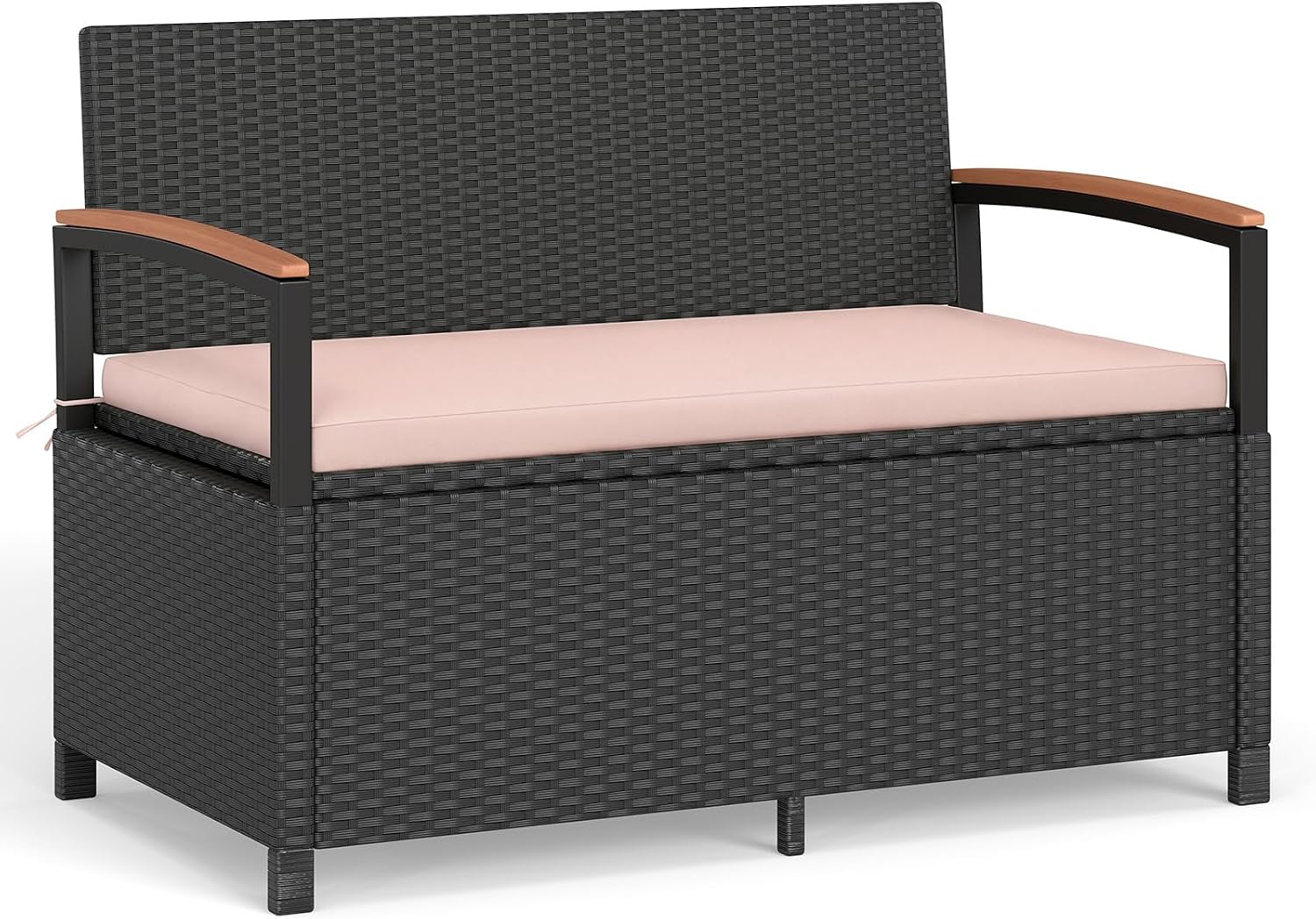 Tangkula 46 Gallon Outdoor Bench with Storage, Outdoor PE Rattan Storage Bench with Cushion, Backrest & Acacia Wood Armrests, Metal Frame, Waterproof Deck Box Seat for Porch Backyard Poolside