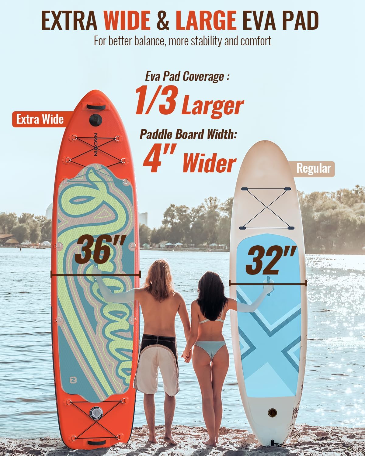 NACATIN 12'/366cm Extra Large Inflatable Stand Up Paddle Board with Seat, Wide 36'/91cm SUP Board for Adults & Family, with Single/Double Paddle, Kayak Seat, Pump, Stable Wide Deck for Beginners