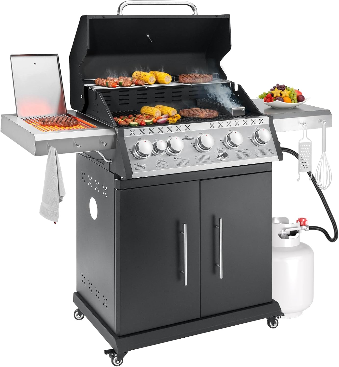 Propane Gas Grill, 5+1 Stainless Steel Barbecue Grill with Infrared Side Burner for Outdoor Cooking