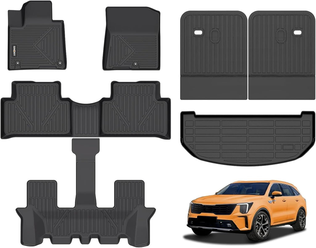 GINOWY-Floor Mats & Cargo Liner Set for Kia Sorento 2021-2026 (Only Gas Models), All Weather Mats Sorento Cargo Mat Trunk Mat Trunk Liner TPE Rubber Liners Car Accessories Floo Mat Black