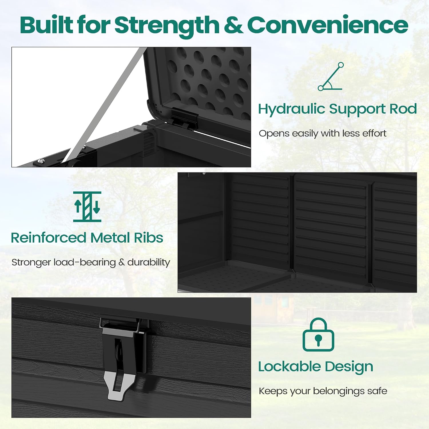 Resin Deck Box 130 Gallon, Lockable & Waterproof Outdoor Storage, UV-Resistant Patio Box for Cushions, Tools, and Outdoor Accessories (Black)