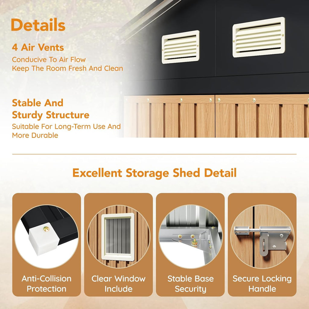 10X8 FT Garden Storage Shed with Lockable Door,Steel Tool Shed with 1 Clear Window, Anti-Corrosion Metal Shed for Backyard Patio Lawn (Wood Panels & Frame Floor Not Included)