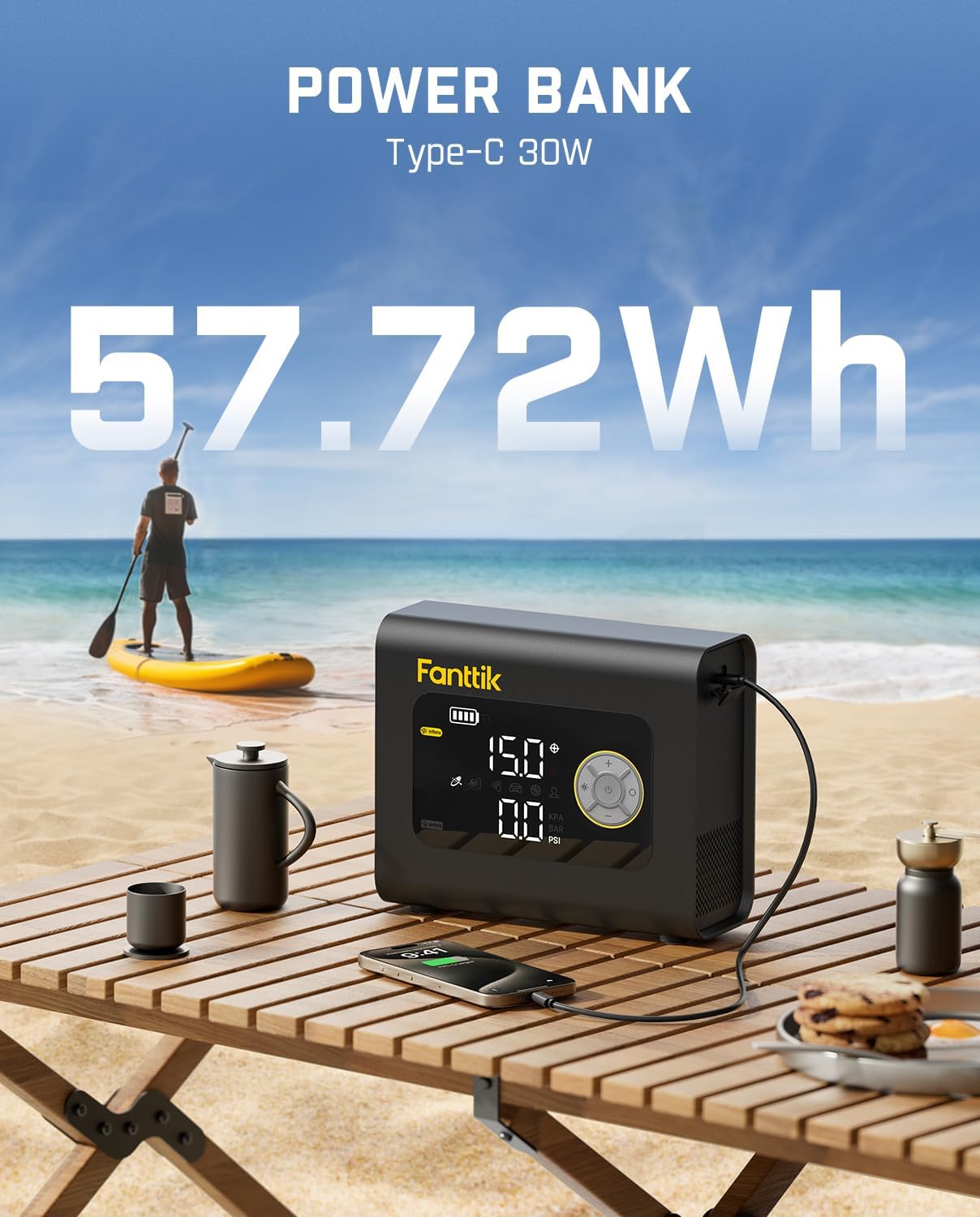 Fanttik X9 Cross 4X Portable Tire Inflator, Paddle Board Pump | Max 75PSI with Auto-Off, Deflation | Air Pump with Light and Power Bank | Fastlink for SUP, Car, Motorcycle, Board, Kayak, Tent etc.