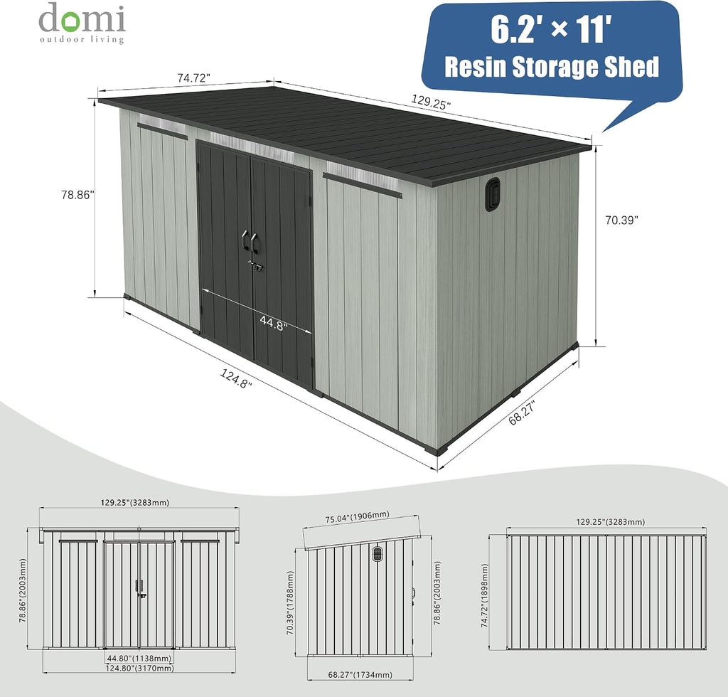 Domi 6x11FT Outdoor Storage Shed with Double Lockable Doors & Sloping Roof, Resin Storage Shed with Transparent Windows & Louvered Vents, Bike Storage Shed for Backyard, Patio, Lawn, Grey