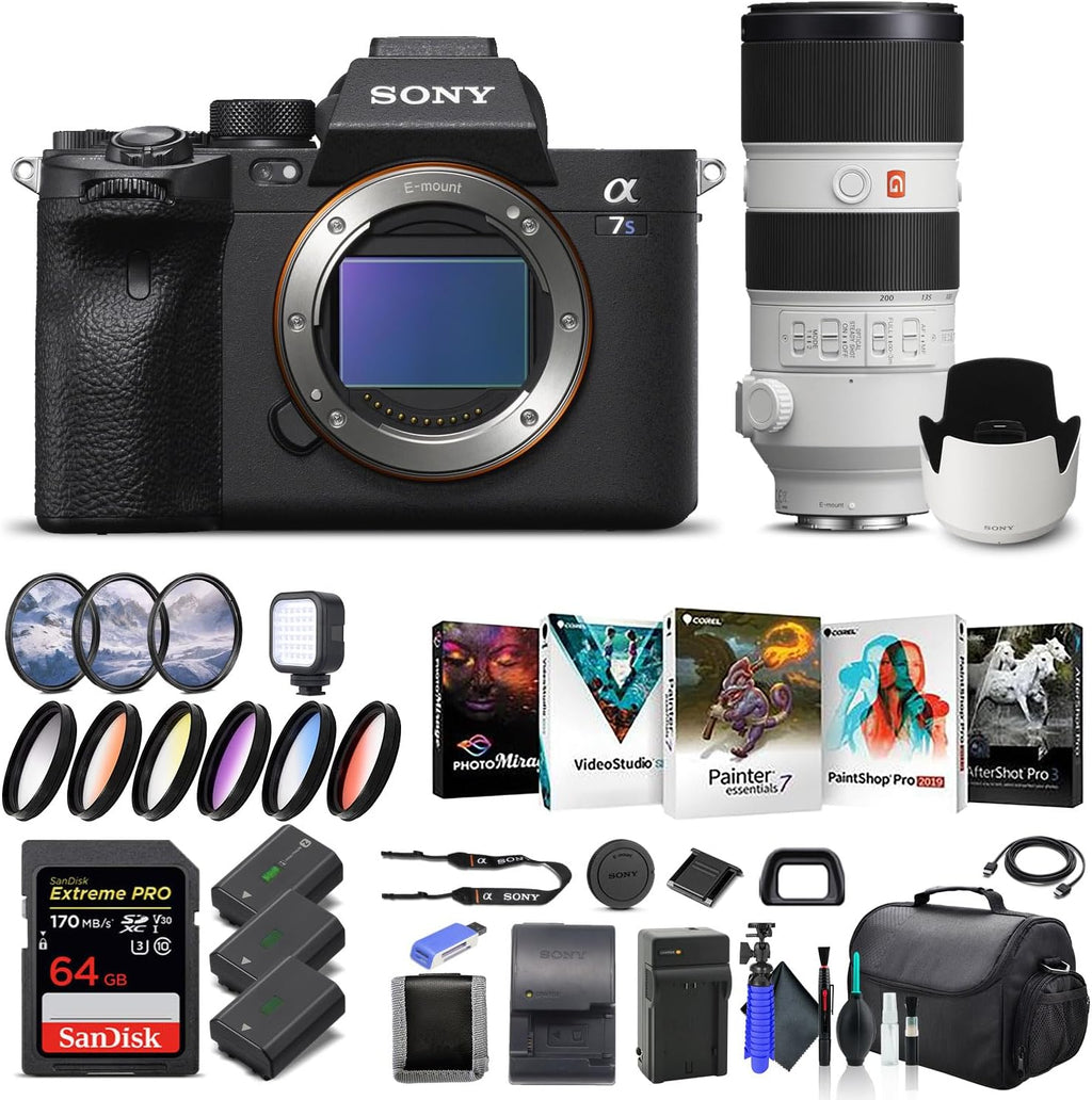 Sony Alpha a7S III Mirrorless Digital Camera Body Only ILCE7SM3/B, Sony FE 70-200mm Lens, 64GB Memory Card, 2 x NP-FZ-100 Battery, Corel Photo Software, Case, External Charger, and More