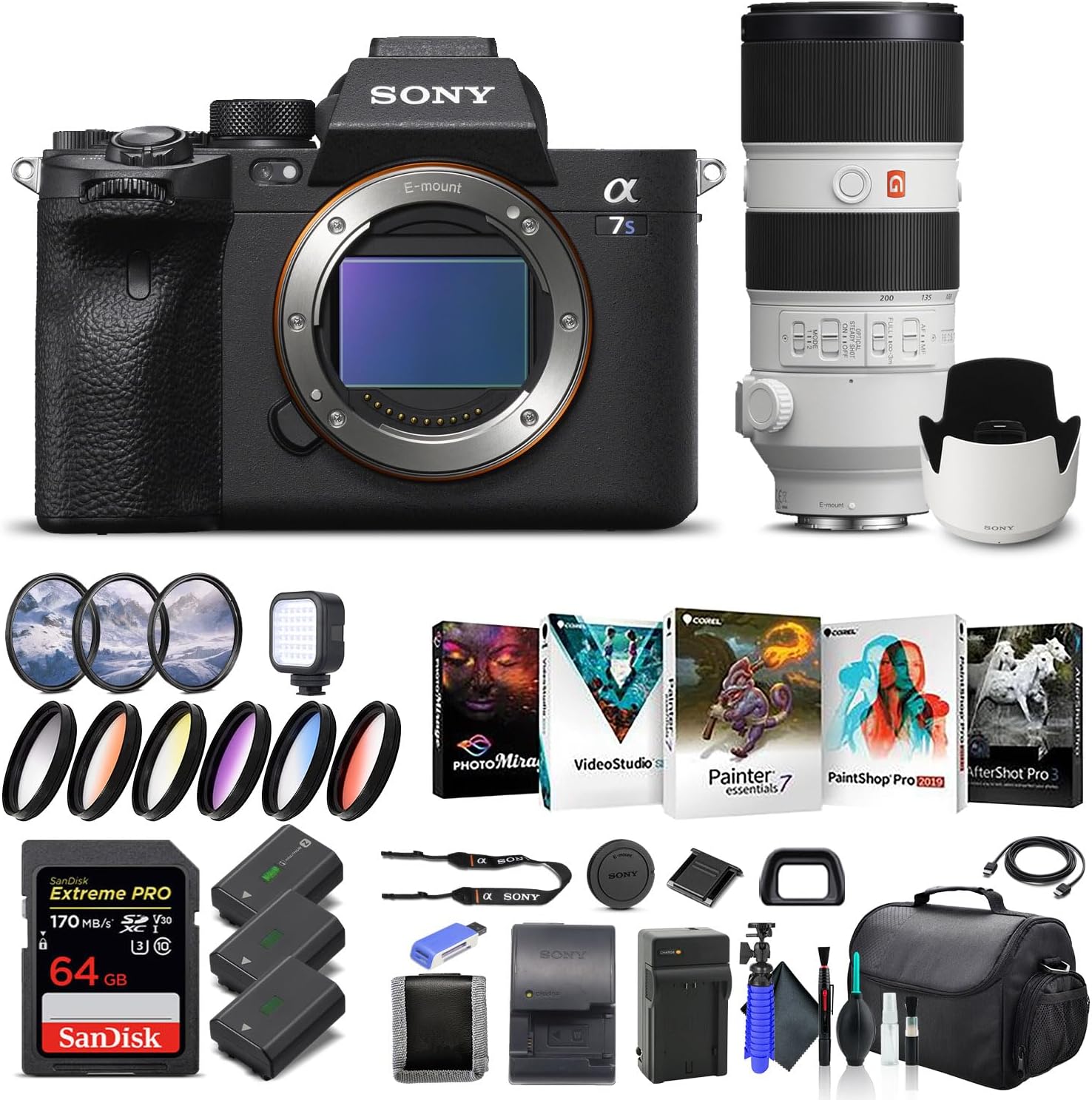 Sony Alpha a7S III Mirrorless Digital Camera Body Only ILCE7SM3/B, Sony FE 70-200mm Lens, 64GB Memory Card, 2 x NP-FZ-100 Battery, Corel Photo Software, Case, External Charger, and More