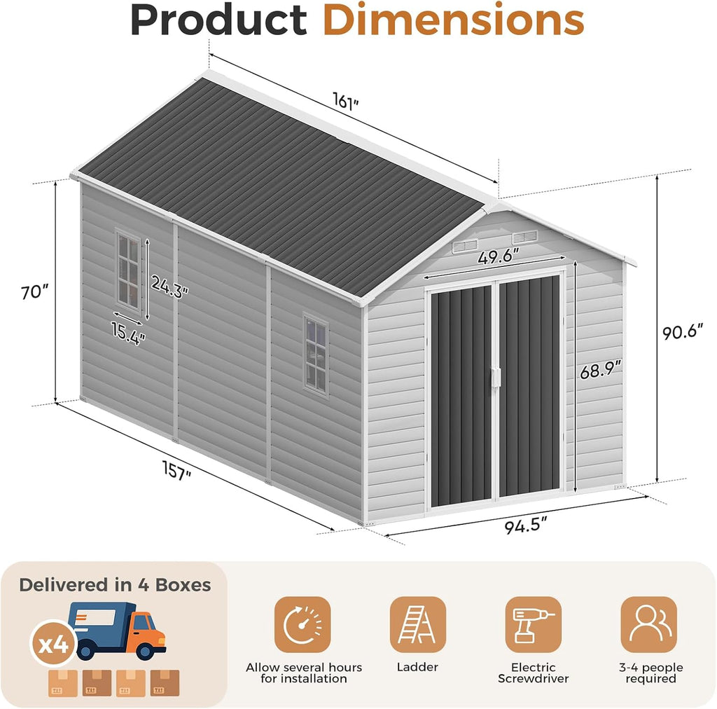CDCASA 8x14 FT Resin Storage Shed with Floor Included, Steel‑Reinforced Large Waterproof Outside Plastic Storage Sheds with Base, 2 Adjustable Openable Window for Garden Backyard Patio Lawn, Dove Grey
