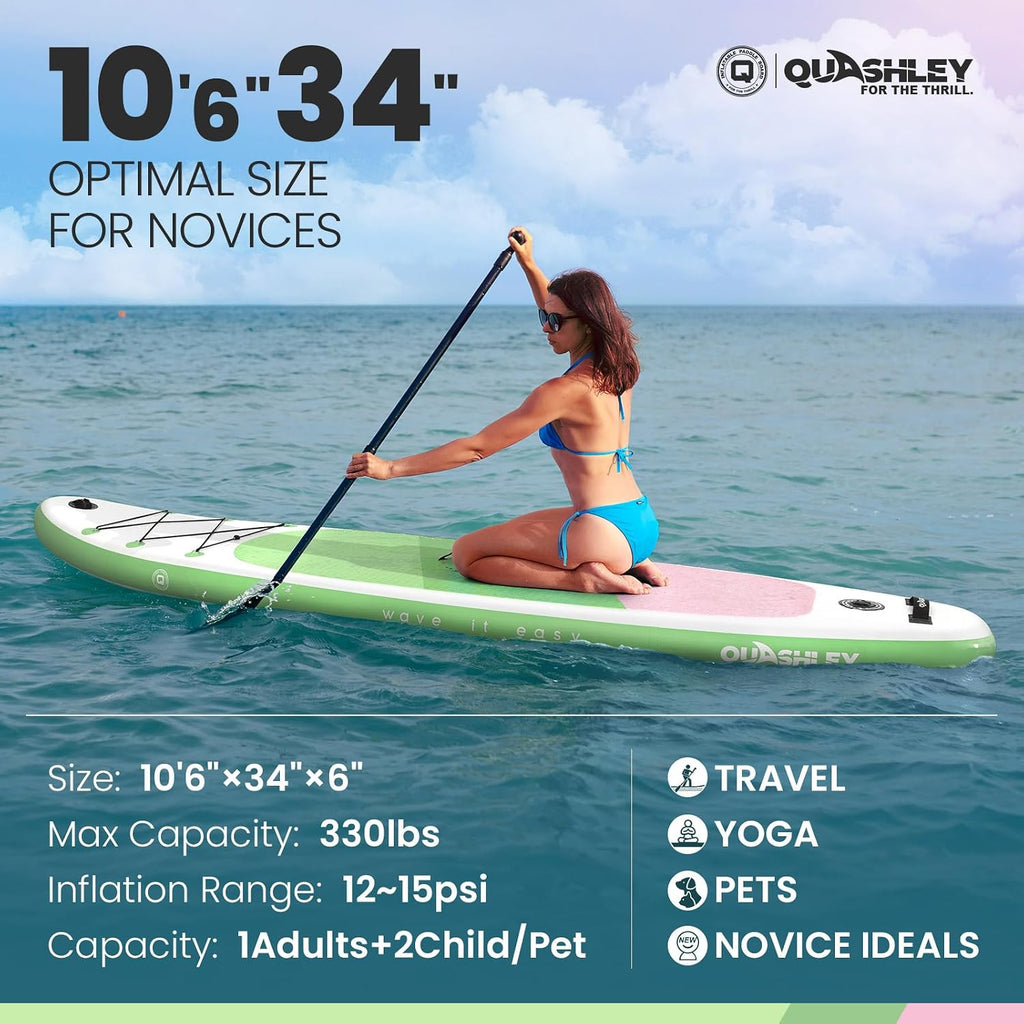 Quashley Inflatable Stand Up Paddle Board,Inflatable Paddleboards 32/34 Inch Wide,All Around SUP for Beginners with Lightweight Paddle,Hand Pump,Backpack,Leash,Durable & Portable iSUP Board