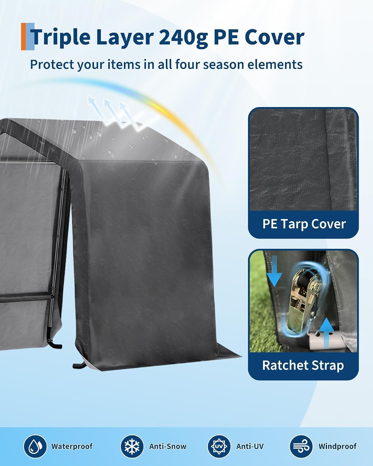 6X6 FT Heavy-Duty Portable Outdoor Storage Shed, 240g Waterproof Carport Storage Shelter with Roll-Up Door & Vent,UV-Resistant Canopy for Motorcycle, Bike, Lawn Mower & Tools