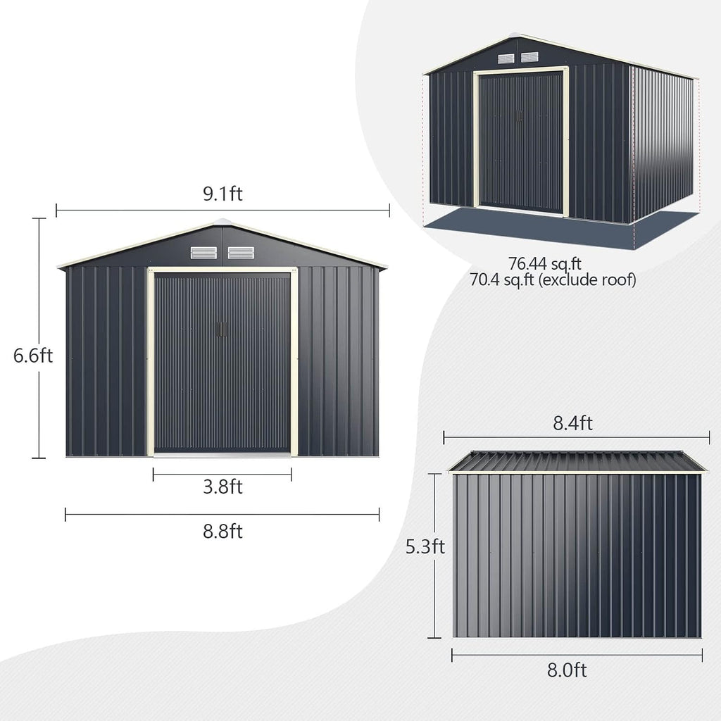 Goplus Storage Shed, Metal 9' X 8' Outdoor Building Organizer with 4 Vents & Double Sliding Door for Garden Backyard Farm (9'X8')