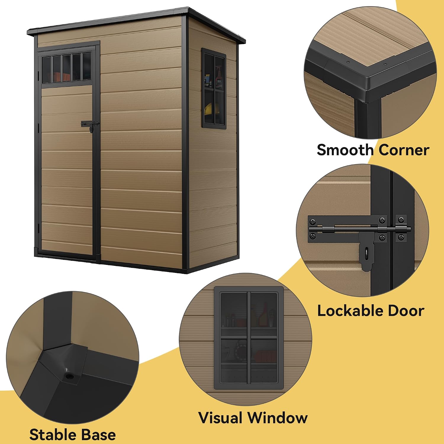 DWVO 5x3FT Outdoor Storage Shed, All-Weather Resin Plastic Storage Shed with Windows, Slanted Roof, Raised Floor, 65 cu.ft Capacity for Garden Tools & Equipment, Ideal for Backyard & Garden, Brown