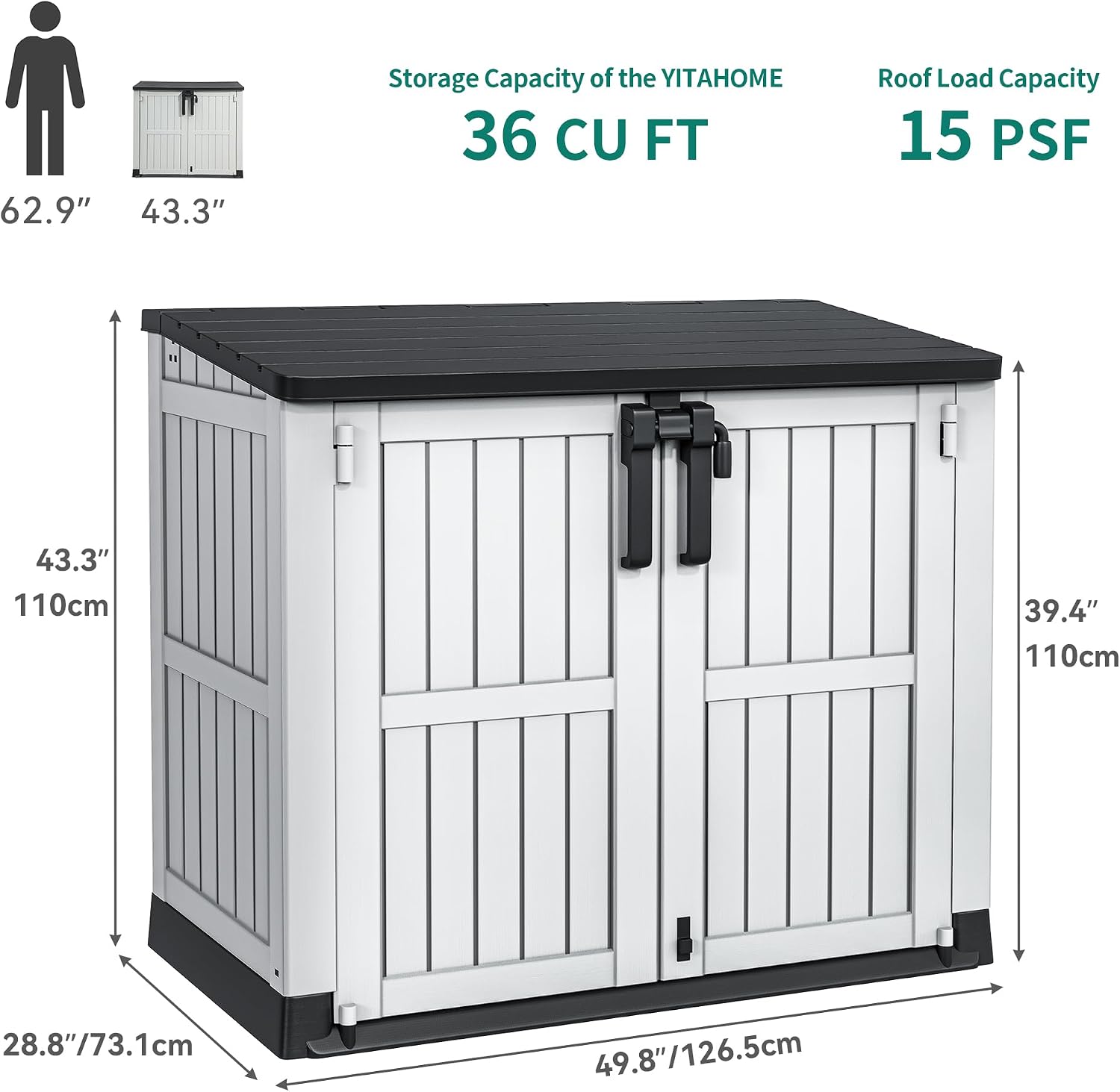 YITAHOME Light Gray Resin Tool Shed, 36 Cu Ft Waterproof Outdoor Horizontal Storage, Weather-Resistant Utility Shed with Air Vent for Trash and Lockable Doors, Garden Tools