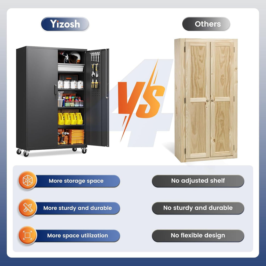 Yizosh Metal Garage Storage Cabinet with Locking Doors and Adjustable Shelves,- 71' Rolling Steel Tool Cabinet for Home Office,Garage,Warehouse