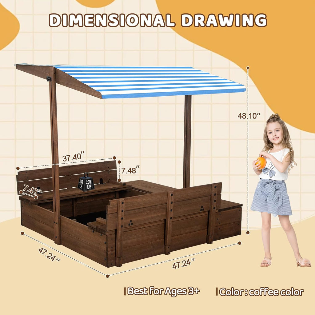 Kids' Outdoor Wooden Sandbox with Id,Sand Box with Toy Storage Box,Kids Play Equipment Sand Protection Bottom Liner Included 47X47in. (Brown)