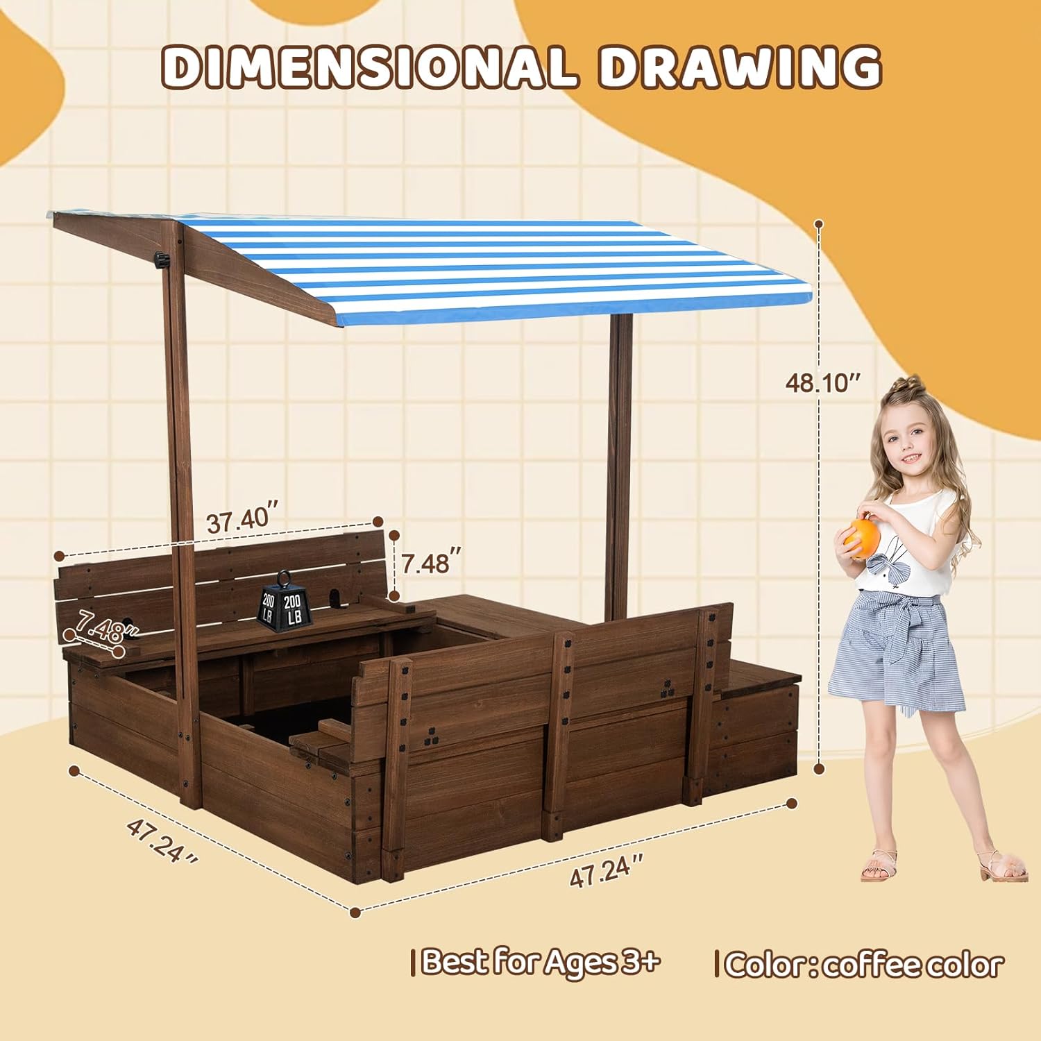 Kids' Outdoor Wooden Sandbox with Id,Sand Box with Toy Storage Box,Kids Play Equipment Sand Protection Bottom Liner Included 47X47in. (Brown)