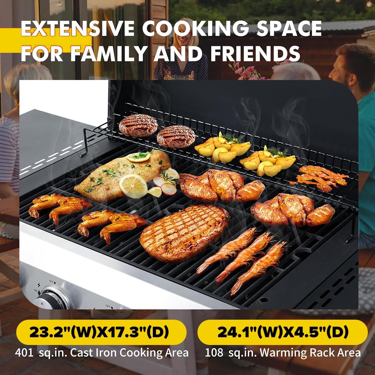 CIG GARDEN 4-Burner Propane Flat Top Grill, 42,000 BTU Stainless Steel Commercial-Style Griddle for Patio, Backyard, Camping & Outdoor BBQ
