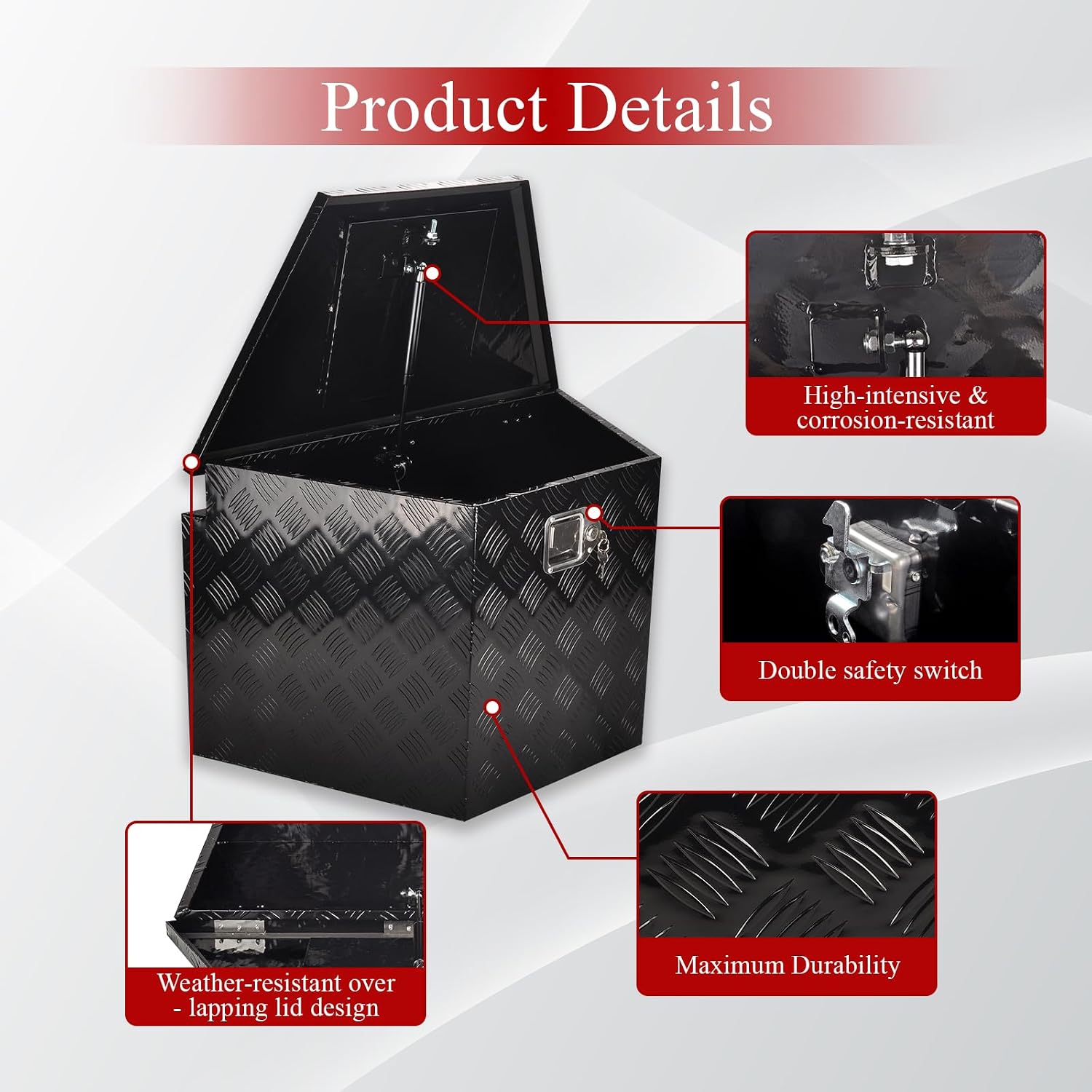 29''Inch Aluminum Trailer Tongue Tool Box Truck Bed Toolbox Truck Trailer Chest Box Underbody Storage Organizer Waterproof Square Storage Organizer w/Lock & Keys Black(‎29' Lx16.5 Wx18 H)