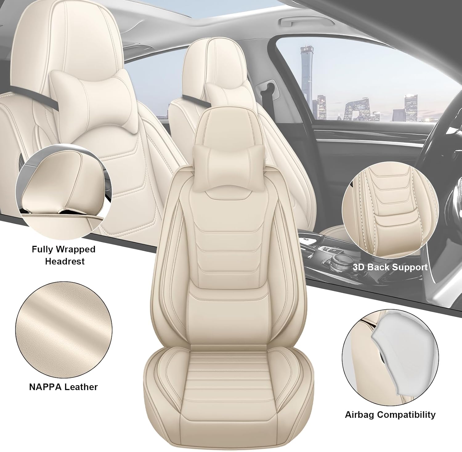 DHAEY Car Seat Covers for Kia NIRO 2017-2025, Family Seat Covers, Nappa Leather, Wear-Resistant, Anti-Slip, Waterproof, 2PCS Front with Pillows, Beige