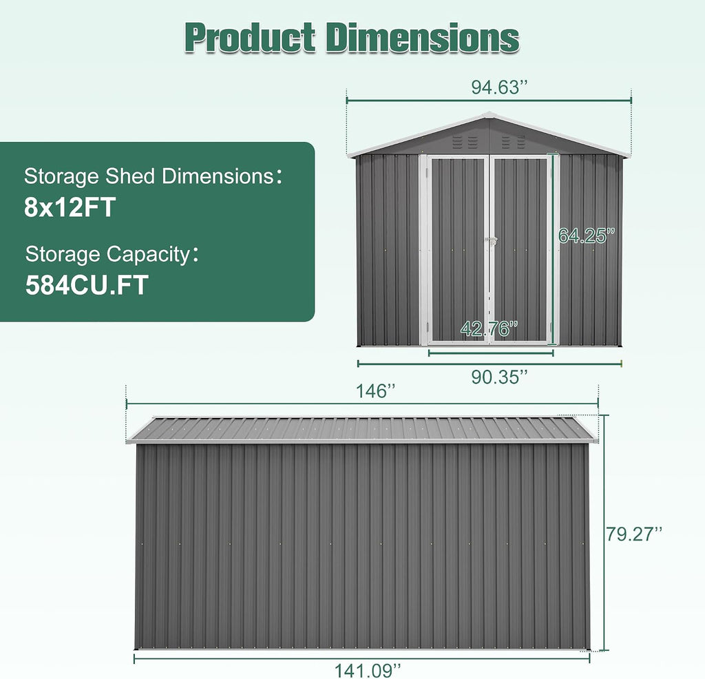 YOPTO 8x12 FT Large Outdoor Storage Shed with Lockable Doors & Floor Base,Weather-Resistant Metal Tool Shed for Garden, Backyard,Patio,Lawn,Gray