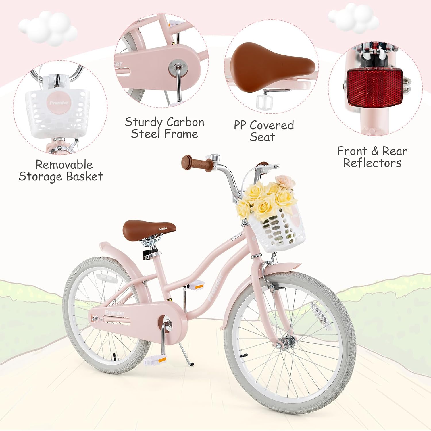 BABY JOY Kids Bike, 12 14 16 18 20 Inch Boys Girls Bike w/Adjustable Seat, Removable Basket, Handbrake & Coaster Brake, Training Wheels or Kickstand, Kids Bicycle with Multi-Color