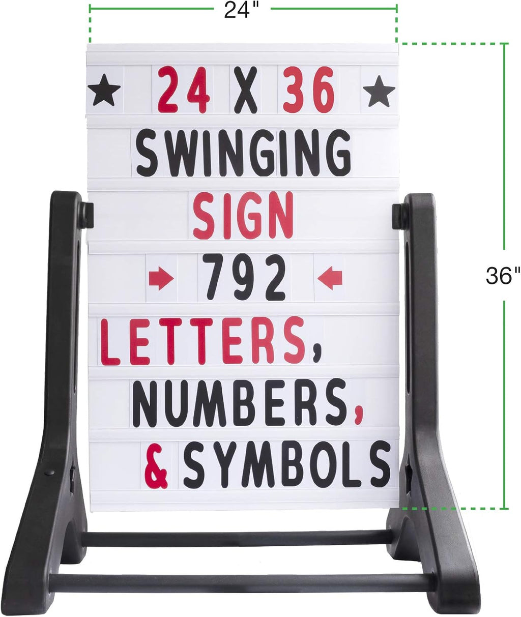 Swinging Changeable Message Sidewalk Sign: 24' x 36' Sign with 792 Pre-Cut Double Sided Letters and Storage Box. Includes Black Board & Letter Board (Black Color Legs)