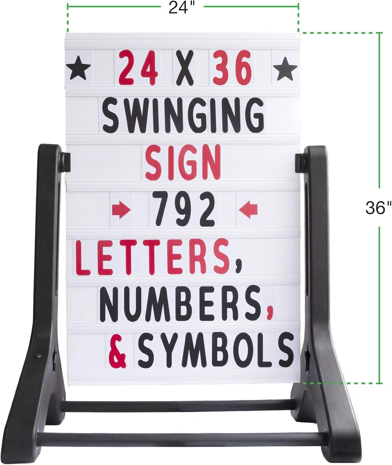 Swinging Changeable Message Sidewalk Sign: 24' x 36' Sign with 792 Pre-Cut Double Sided Letters and Storage Box. Includes Black Board & Letter Board (Black Color Legs)