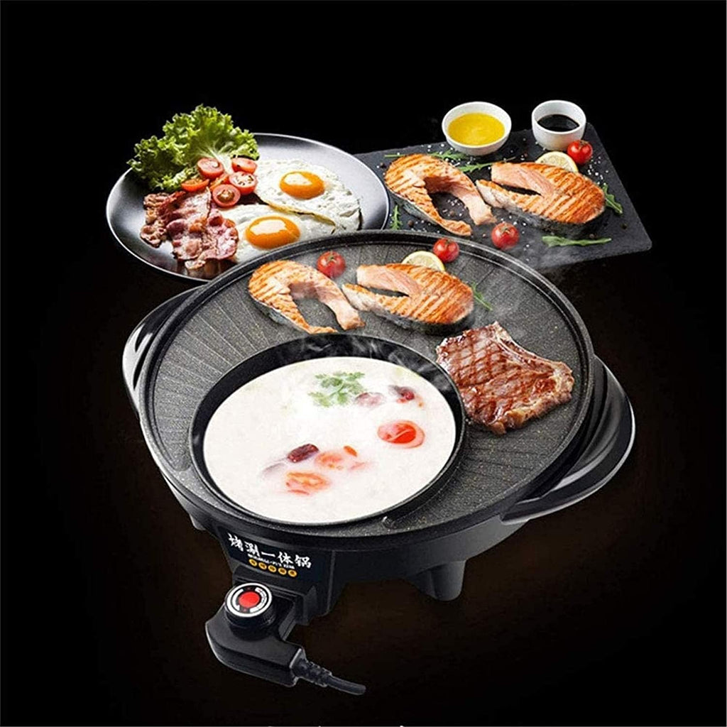 Korean BBQ Grill Electric Grill Hot Pot Shabu Shabu Hot Pot Electric with Lid And Oil Drain Hole Non-Stick Coating Surface Suitable for Gathering of 3-10 People,Household