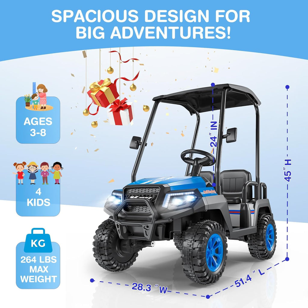 R9 24V Kids Golf Cart, 4 Seats, 4WD Kids Electric Car w/Remote Control, Spring Suspension, Multimedia Functions Including Music, Story, Wireless Connection, Horn, Power Display, Detachable Awning