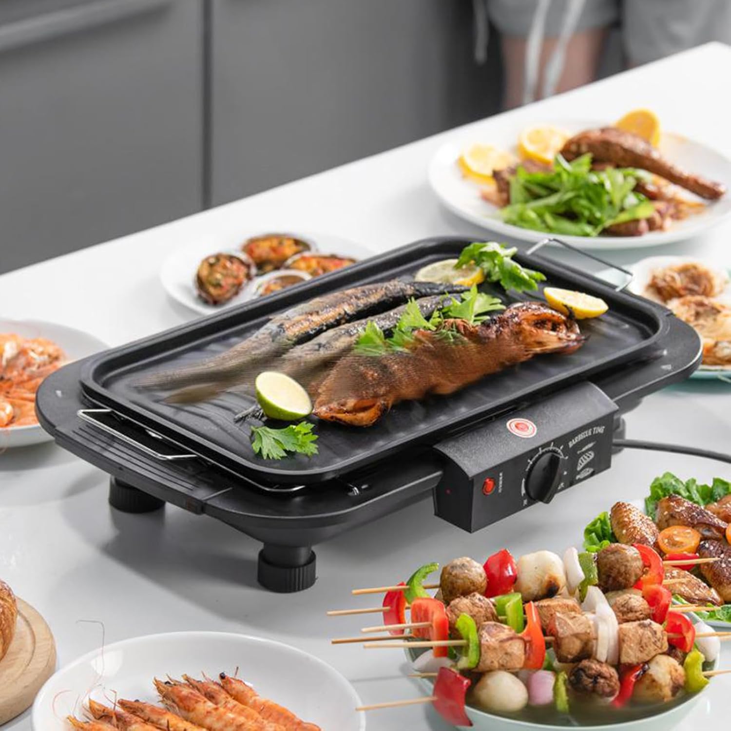 Indoor Electric Barbecue Grill, Portable Korean BBQ Griddle Stove with Rack & Removable oil Tray, Knob Control Temperature, for Household Dinner and Entertainment Party, Fit 2-5 People Use