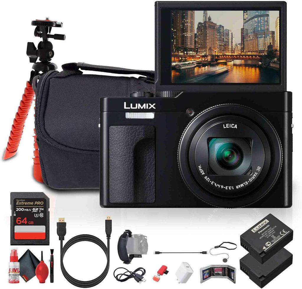 Panasonic TZ99 / ZS99 Point and Shoot Compact Travel Digital Camera (Black) (DC-TZ99) + 64GB Memory Card + DMW-BLG10 Battery + Camera Bag + Flexible Tripod + USB-C Cable + Cleaning Kit + More