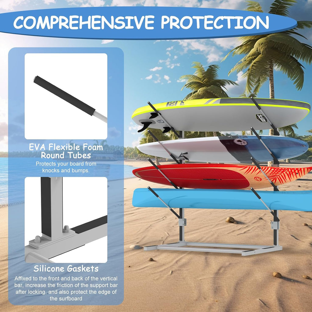 4-Tier Freestanding Surfboard Rack, Watersport Kayak and Kayaks Rack with Two Silicone Mat, Kayak Storage Rack for SUP, Surfboard, Paddle, Ski, Skateboards