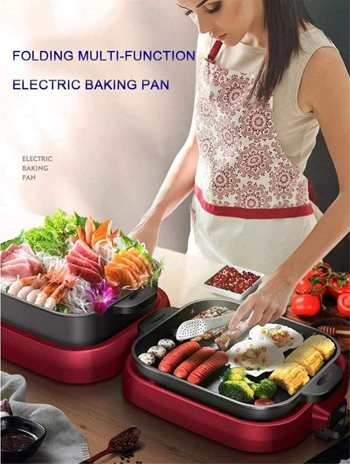 Indoor Korean Barbecue Grill Electric Teppanyaki Grill Table Hot BBQ Plate for Kitchen Dinner Party Camping Festival Cooking 3 (Color : Red)