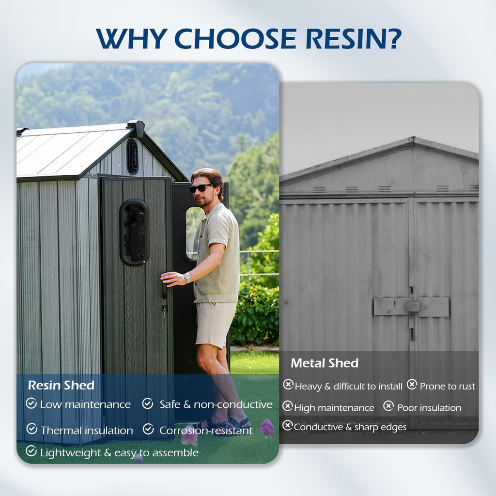 Domi 8x16Ft Resin Outdoor Storage Shed, Plastic Garden Shed with Carpet, Outside Weatherproof Storage Building for Tools, Bike, Lawn Mower, Patio, Backyard