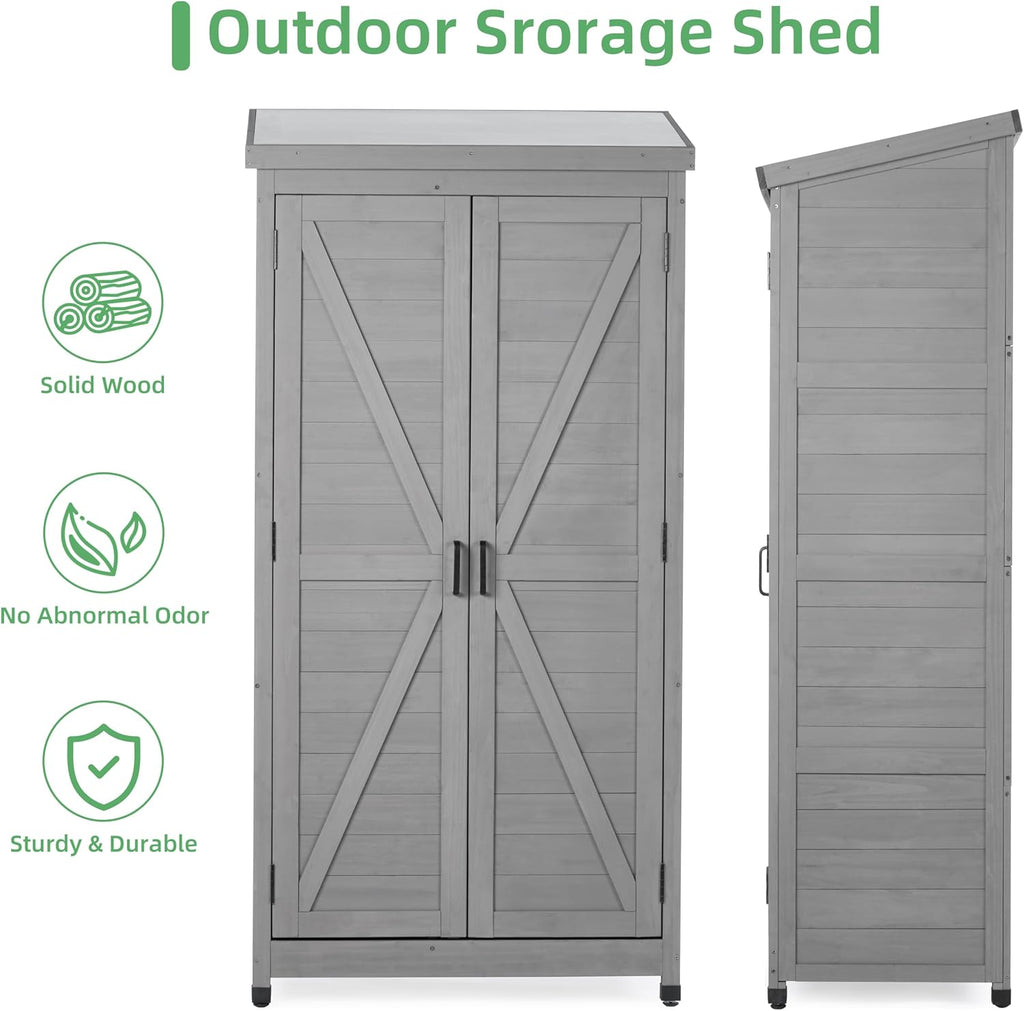 68''x33''x20'' Outdoor Wooden Storage Shed with Metal Top Tall Vertical Tool Cabinet for Backyard Garden Patio Lawn (Grey)