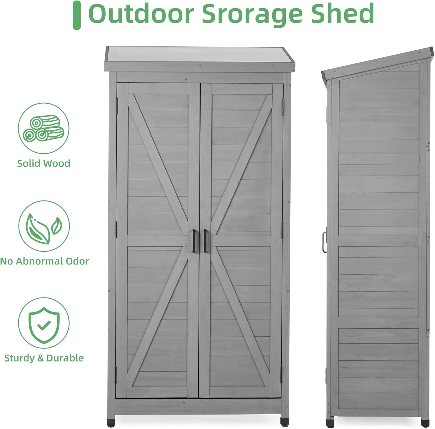 68''x33''x20'' Outdoor Wooden Storage Shed with Metal Top Tall Vertical Tool Cabinet for Backyard Garden Patio Lawn (Grey)