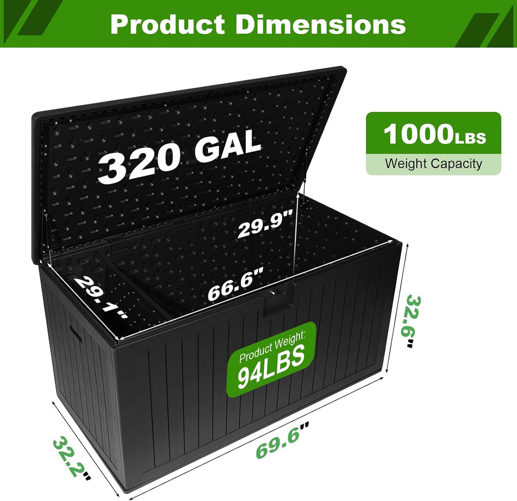 320 Gallon Deck Box with 6 Waterproof Foot Pads, Resin Storage Box Weatherproof, Plastic Cushion Container with Lock and Lids for Pool Equipment, Black