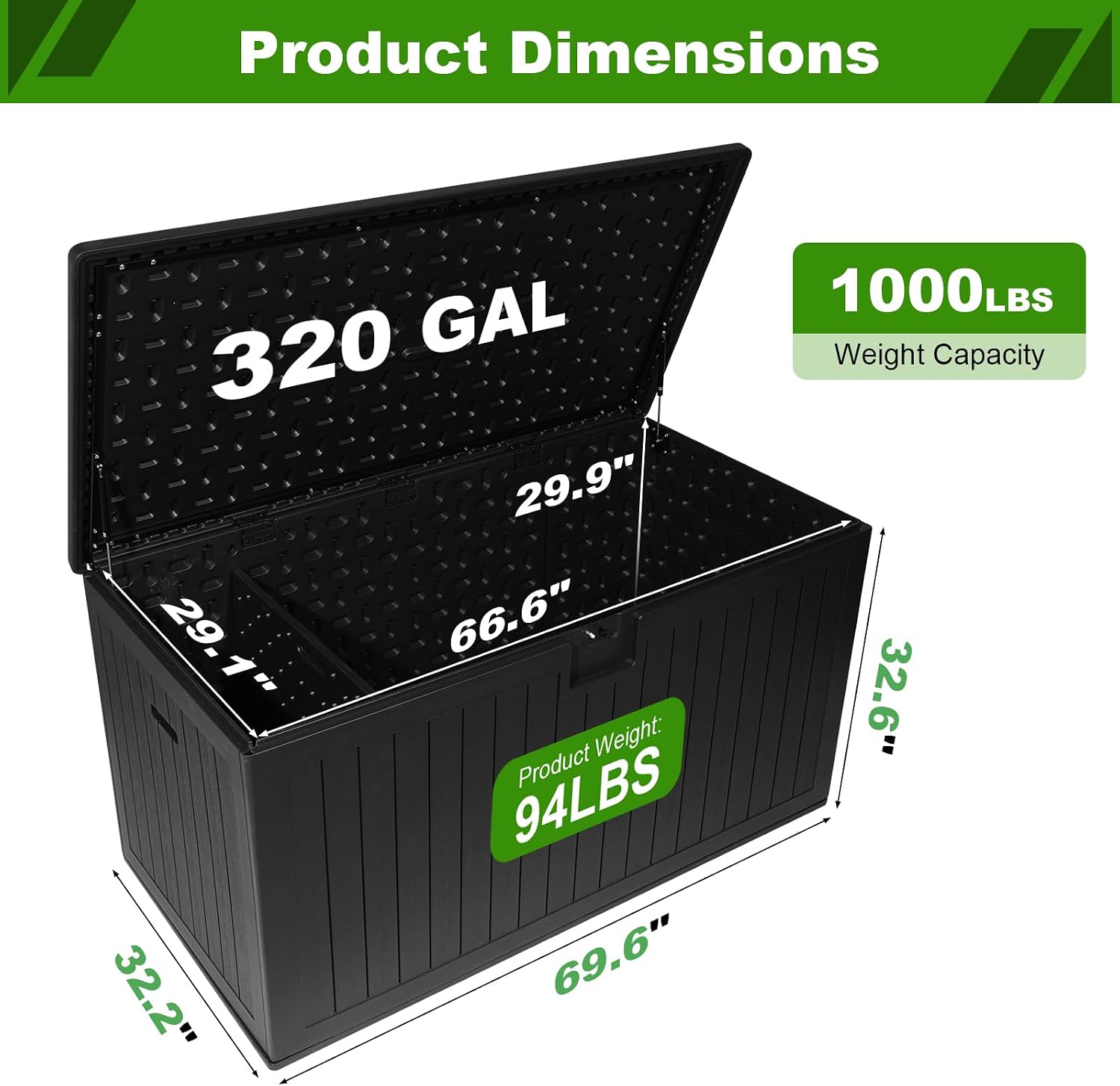 320 Gallon Deck Box with 6 Waterproof Foot Pads, Resin Storage Box Weatherproof, Plastic Cushion Container with Lock and Lids for Pool Equipment, Black
